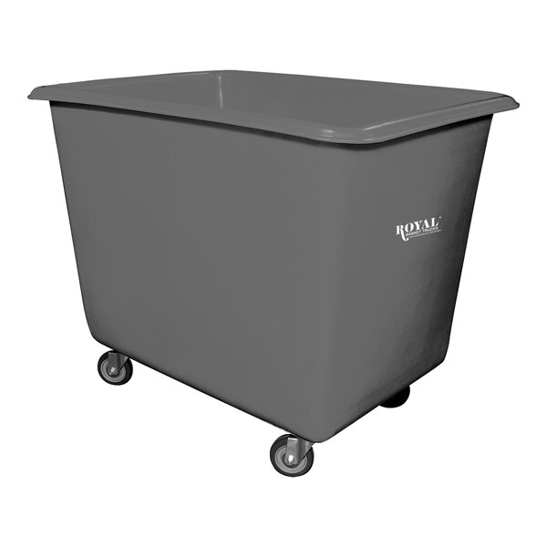 A grey plastic bin with wheels.