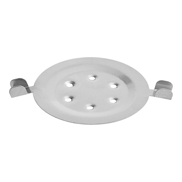 A white circular metal plate with holes.