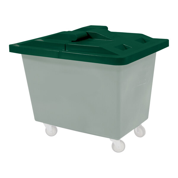 A green plastic lid with grey hinges for a Royal Basket Trucks poly cart.
