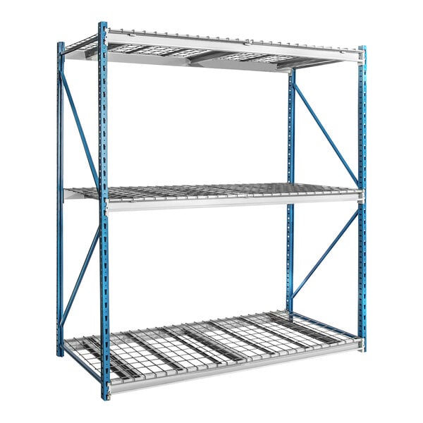A Hallowell metal shelving unit with blue metal shelves and white bars.