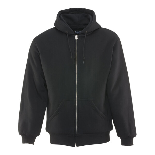 A black RefrigiWear sweatshirt with a zipper and quilted design.