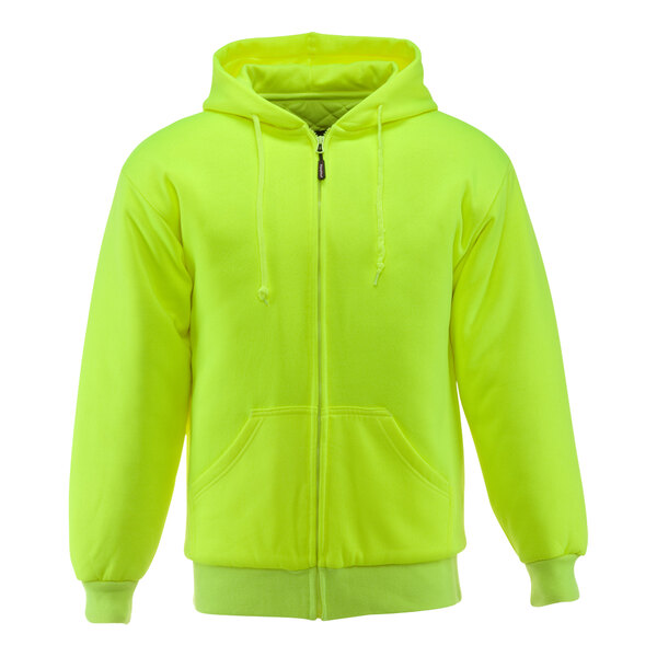 A close-up of a lime yellow zip-up quilted sweatshirt.