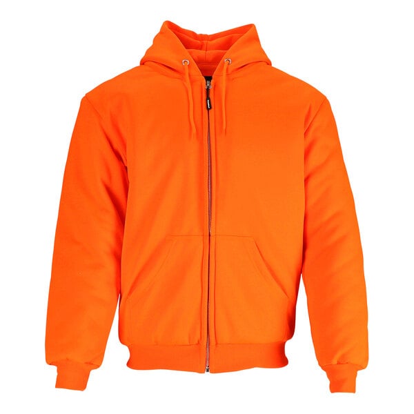 An orange RefrigiWear quilted zip up hoodie.