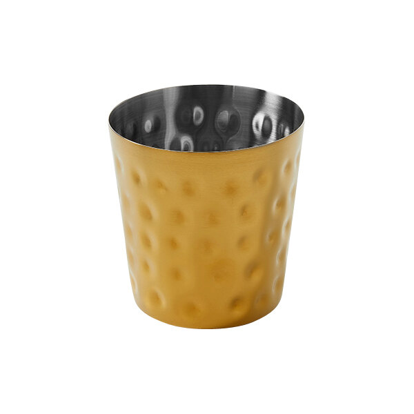 An American Metalcraft gold plated French fry cup with a hammered design and a gold rim.