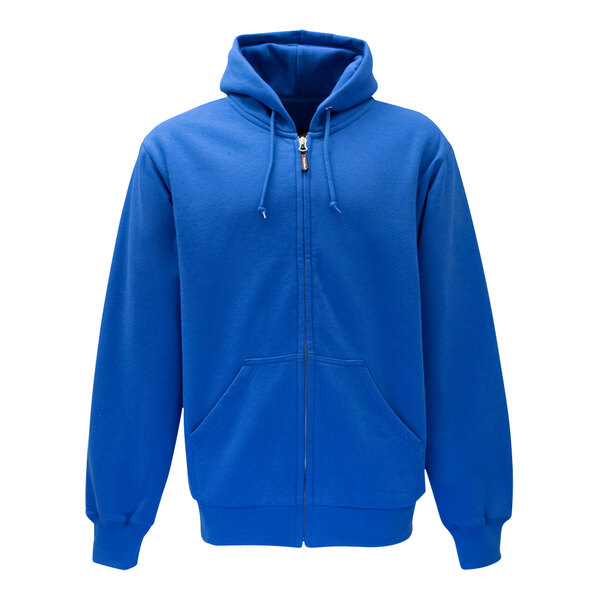 A Royal blue RefrigiWear zip up hooded sweatshirt.