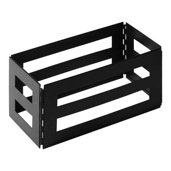 A black stainless steel rectangular crate with two sections and holes.