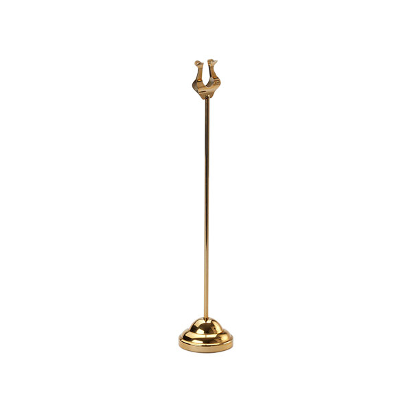An American Metalcraft gold metal harp-style number stand.