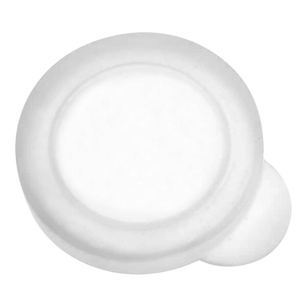 A white plastic American Metalcraft lid for a round milk bottle with a black circle in the middle.