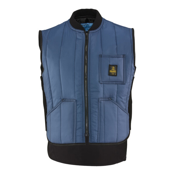A navy blue RefrigiWear insulated vest with a black zipper and pockets.