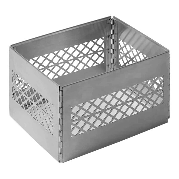 An American Metalcraft stainless steel collapsible milk crate with a grid pattern.