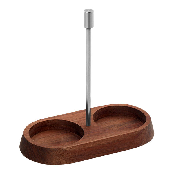 An American Metalcraft wood stand with a metal rod holding containers.