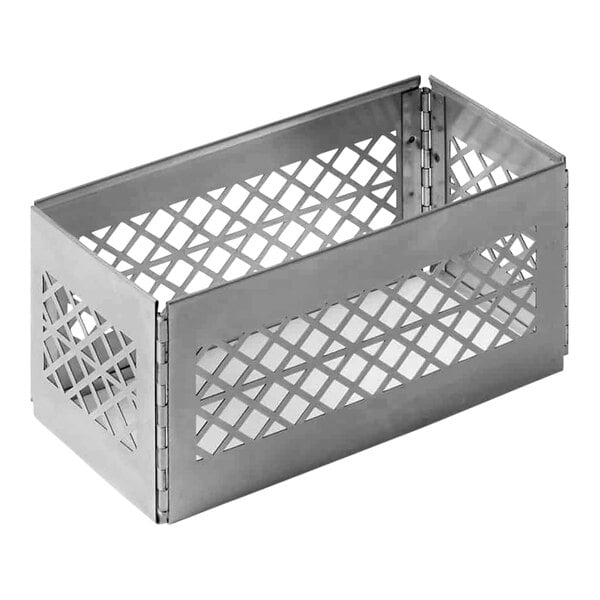 An American Metalcraft stainless steel milk crate riser with a lattice pattern.