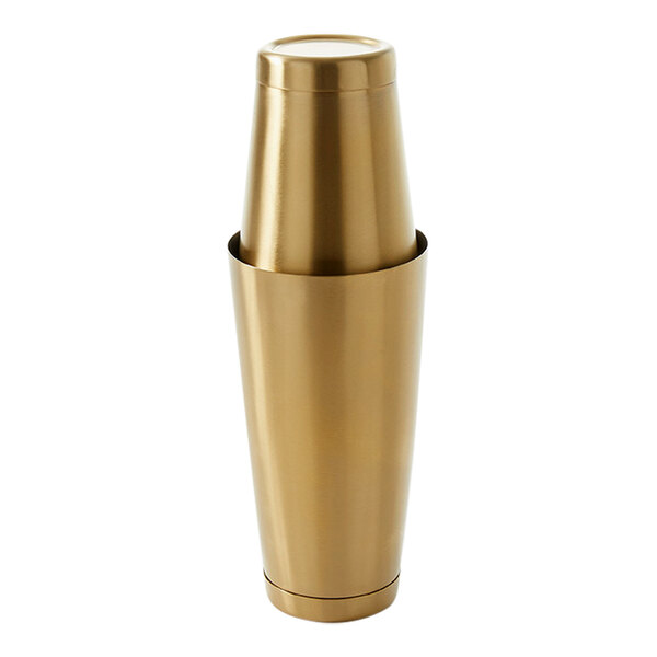 An American Metalcraft satin gold plated Boston cocktail shaker with a lid.