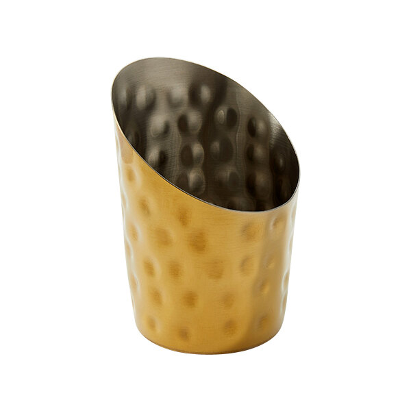An American Metalcraft gold plated metal French fry cup with a hammered finish.