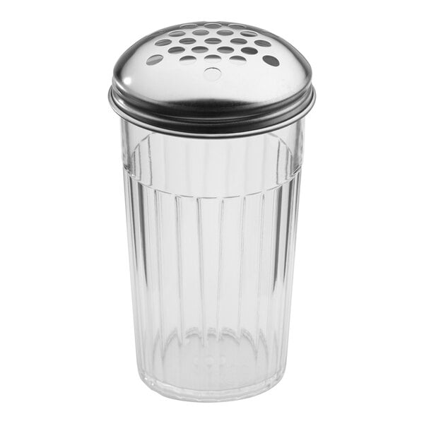 An American Metalcraft clear plastic cheese shaker with a metal lid.