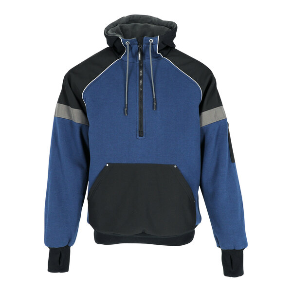 A navy and black RefrigiWear insulated sweatshirt with a zipper.