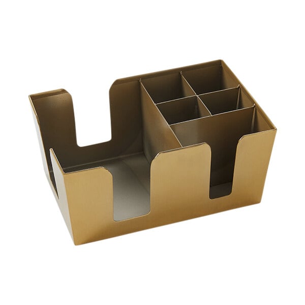 An American Metalcraft matte gold stainless steel bar caddy with four compartments.