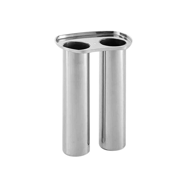 A silver metal cylinder with two stainless steel tubes inside.