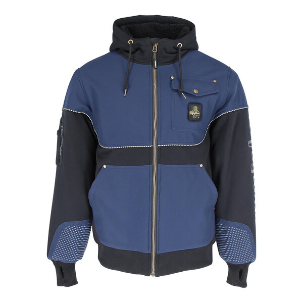 A navy blue and black RefrigiWear insulated sweatshirt with a hood and zipper.