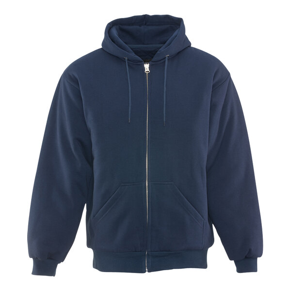 A navy blue RefrigiWear quilted zip up sweatshirt with a hood.