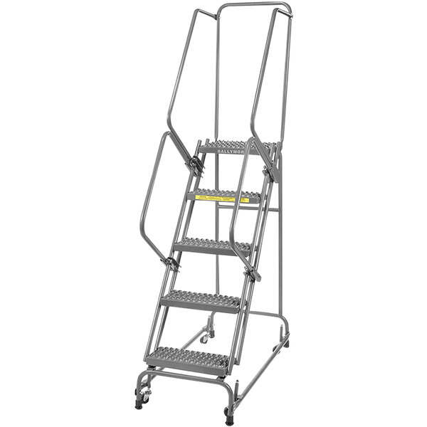A metal Ballymore rolling ladder with 5 steps and a handrail.