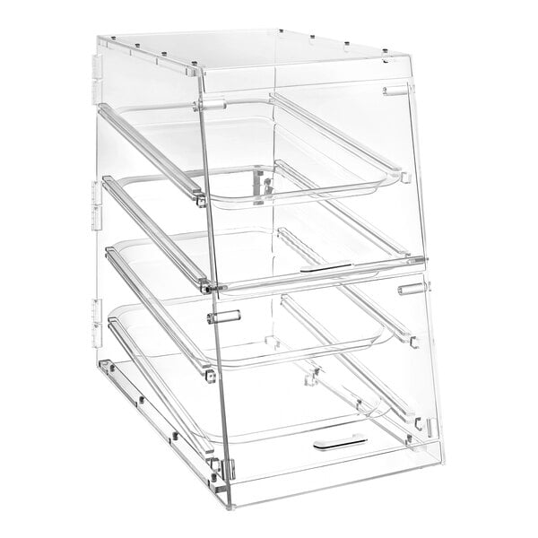 A clear acrylic bakery display case with four trays.