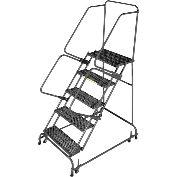A black metal Ballymore 5-step rolling ladder.