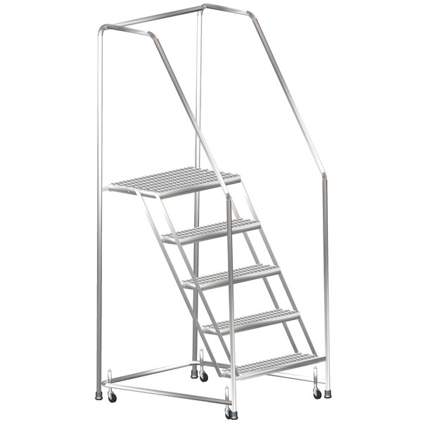 A Ballymore stainless steel rolling ladder with wheels and handrails.