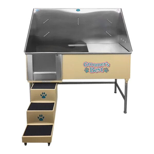 A tan rectangular dog grooming tub with a right ramp and a metal stand.