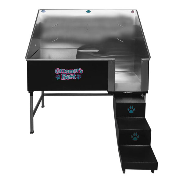 A black stainless steel Groomer's Best dog bathing tub with a left ramp.