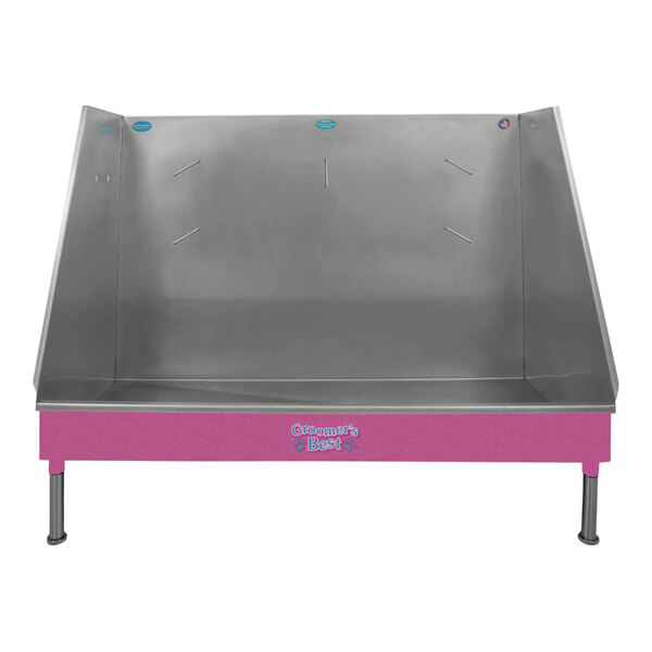 A metal walk-in bathing tub with a pink base and right drain.