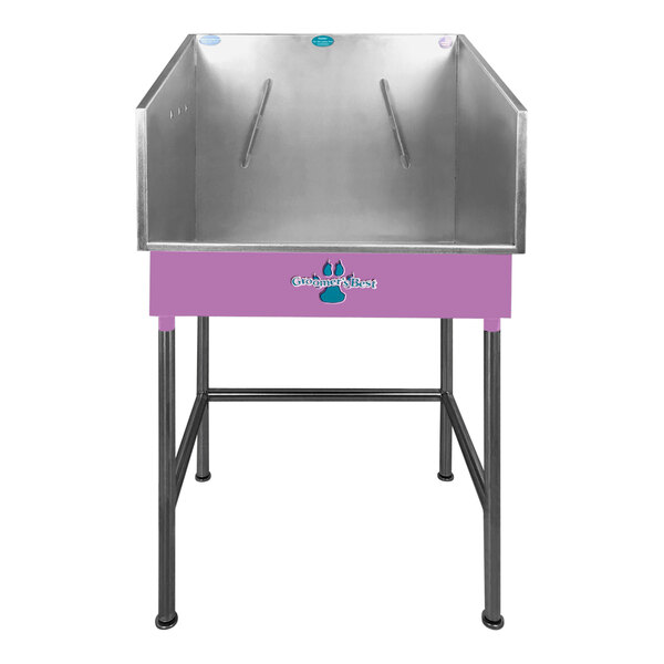 A silver metal Groomer's Best bathing tub with a purple lid.
