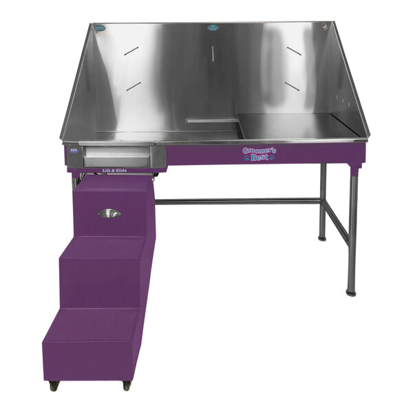 A purple and stainless steel Groomer's Best ADA bathing tub with a ramp.