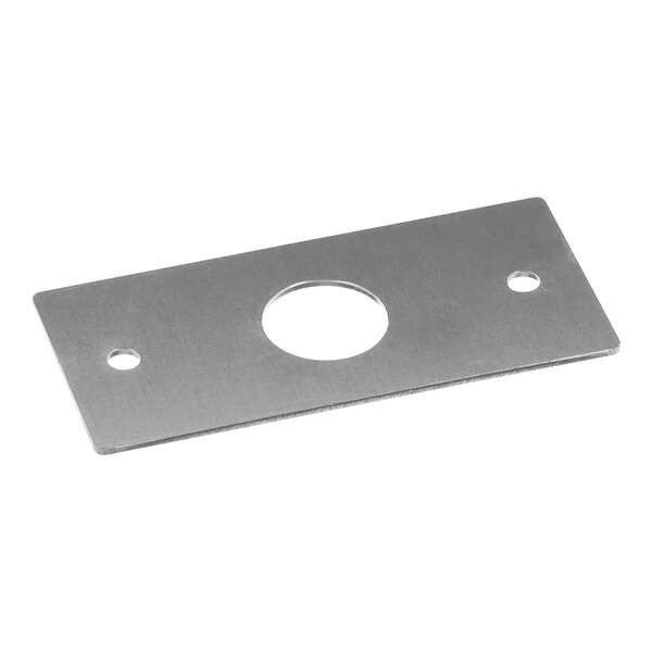 A rectangular stainless steel metal plate with a hole in it.