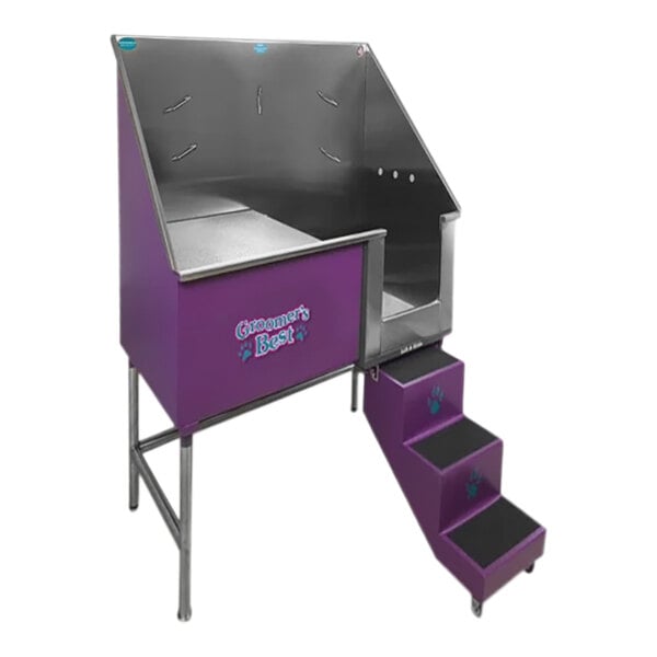 A purple Groomer's Best pet grooming tub with a left ramp.