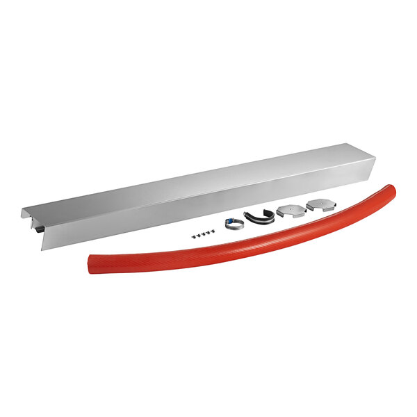 A rectangular metal box with screws and a red tube on a metal piece.