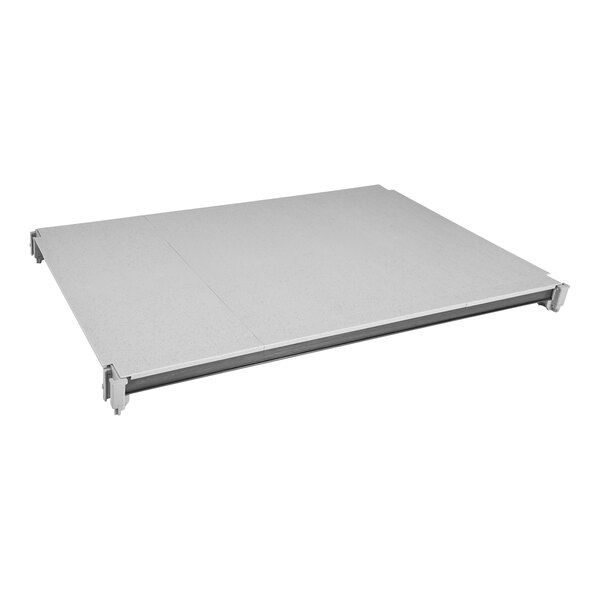 A white rectangular Cambro Camshelving shelf with a metal frame.