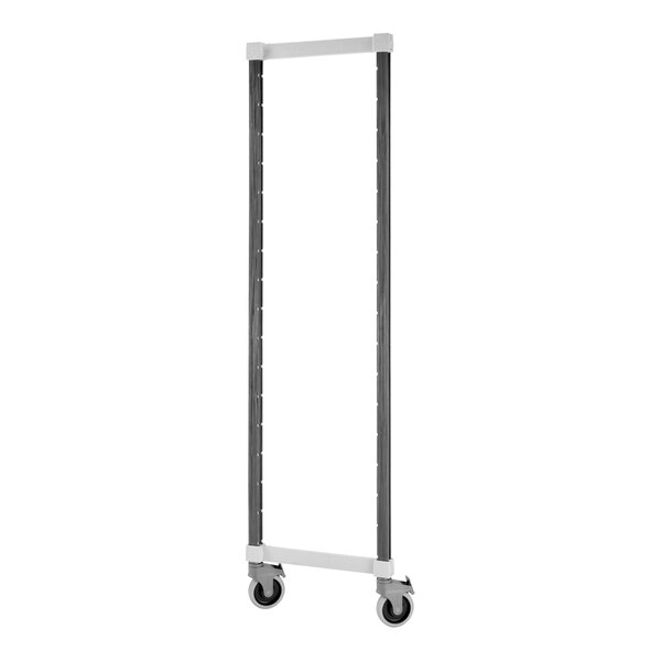 A rectangular metal frame with wheels.