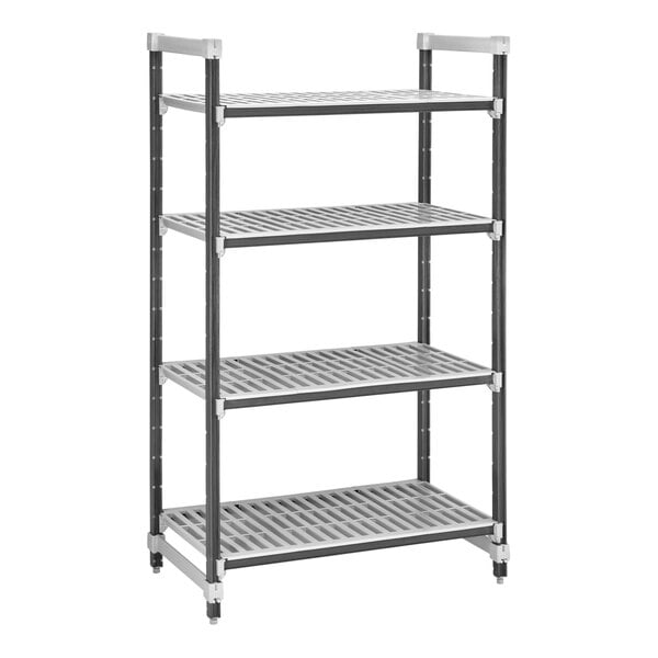 A grey metal Camshelving unit with four shelves and wheels.