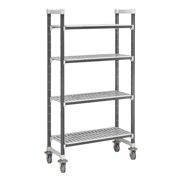 A grey metal Camshelving Elements mobile unit with four vented shelves and wheels.