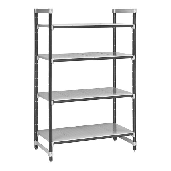 A grey Cambro Camshelving Elements starter unit with four shelves.