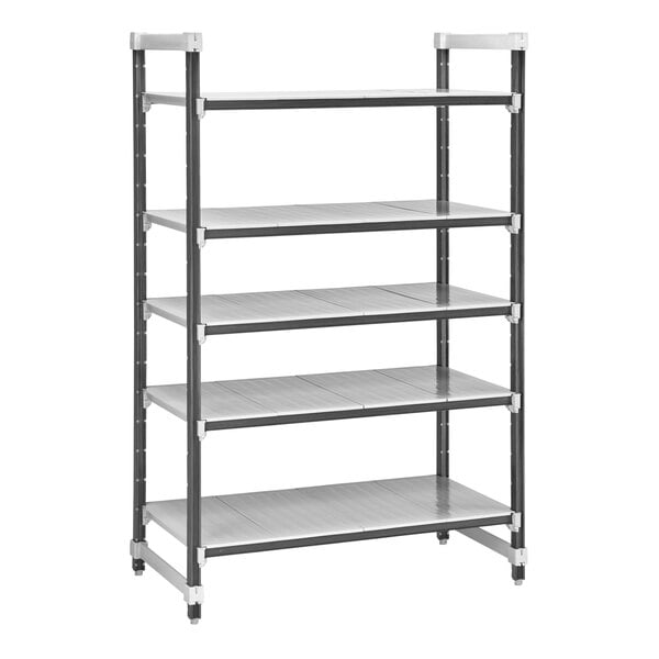A white and gray metal shelving unit with five shelves.