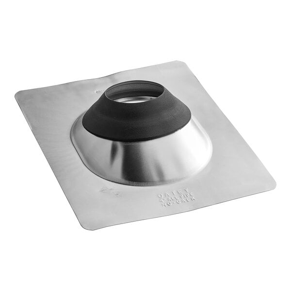An Oatey No-Calk roof flashing with a metal base and black rubber ring.