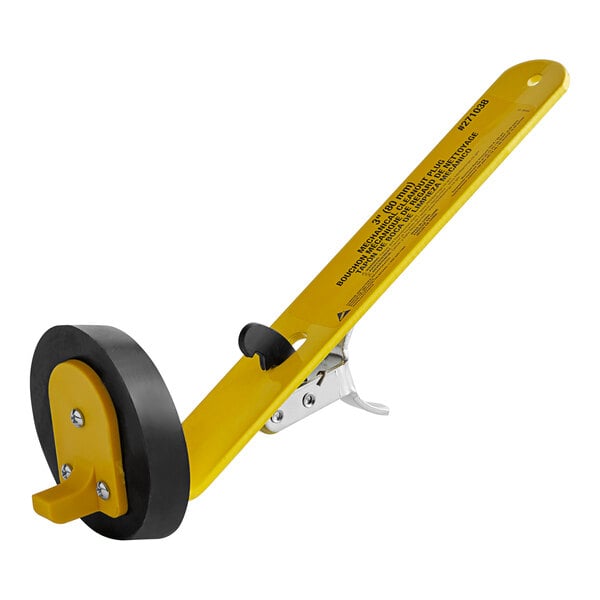 A yellow and black Cherne mechanical cleanout plug wheel with a handle.