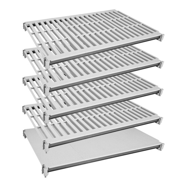 A row of white Cambro Camshelving® Elements shelves with metal posts.