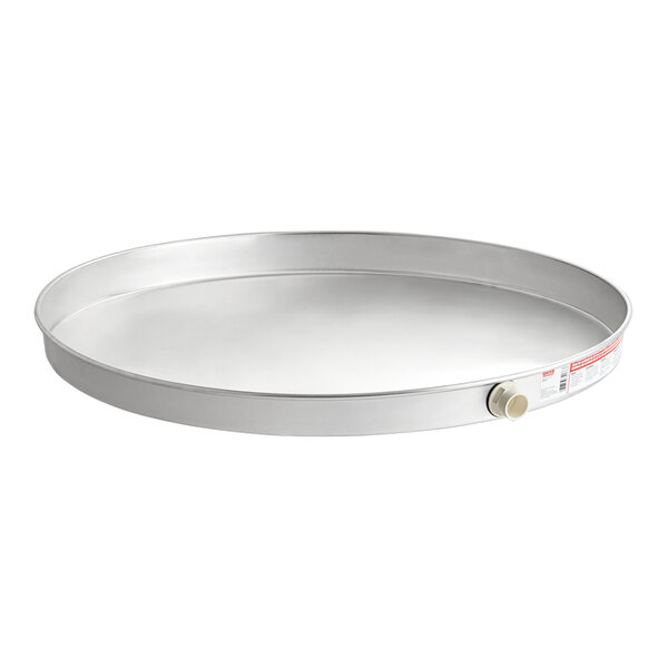 An Oatey round metal water heater pan with a handle.