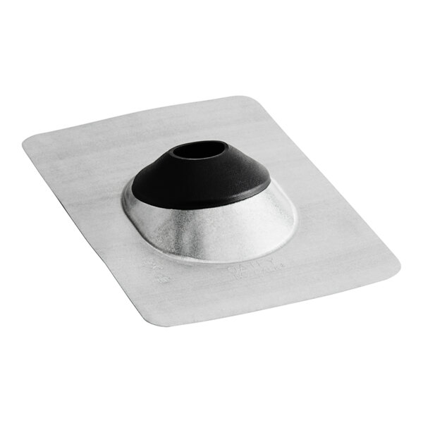 A silver and black metal Oatey roof flashing with a black rubber cone on it.