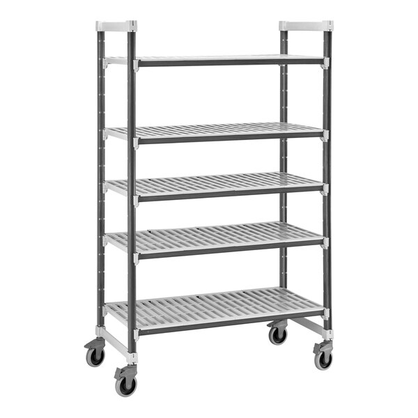 A Cambro Camshelving Elements XTRA mobile unit with 5 vented shelves and wheels.