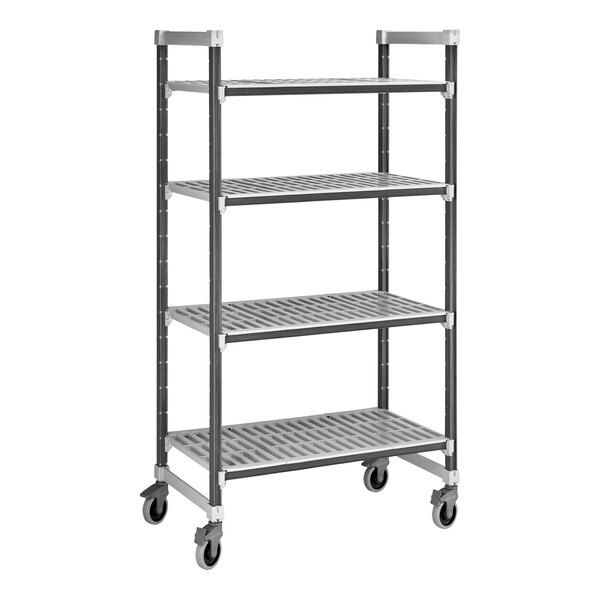 A Cambro Camshelving Elements XTRA metal shelving unit with wheels.