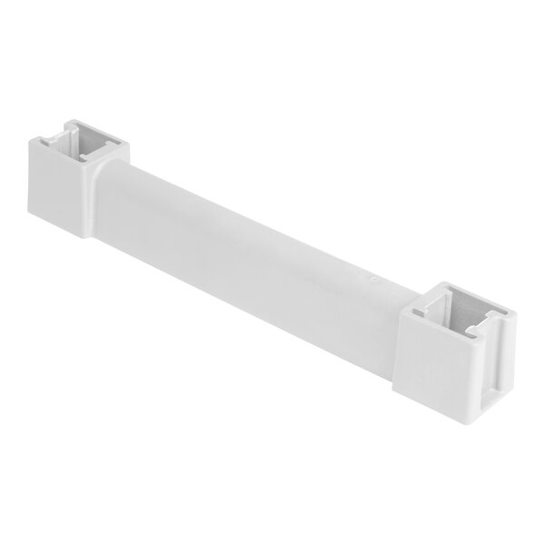 A white plastic corner with holes for a Cambro Camshelving® XTRA Shelf Bottom Connector Unit.